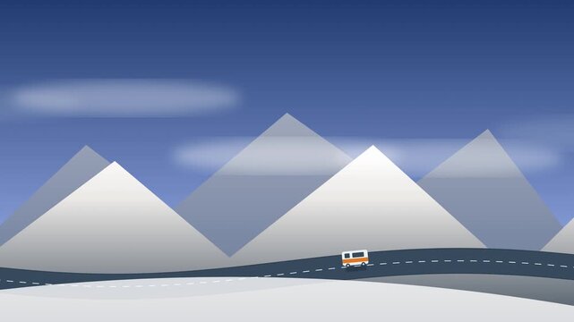 Small camper van driving along a winding mountain highway passing majestic snowy peaks