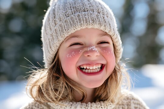 Happy smiling little girl in a knitted winter hat covered with snow outdoors close up portait