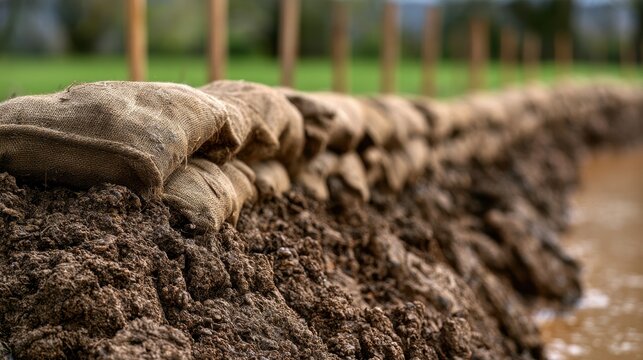 Sandbags stacked along a muddy dirt berm form a protective barrier against rising floodwaters in a rural field. Concept for disaster preparedness and flood prevention.
