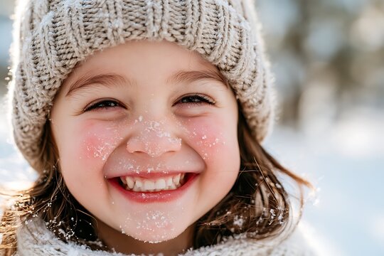 Happy smiling little girl in a knitted winter hat covered with snow outdoors close up portait