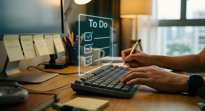 Person typing on keyboard while taking notes with digital to do list.