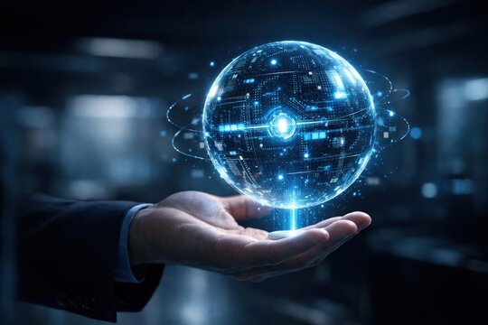Businessman holding glowing digital globe with futuristic data network