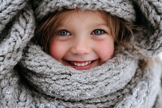 Close-up portrait of a cute little girl with big blue eyes wrapped in a grey knitted wool scarf in winter