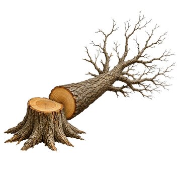 Cut down tree trunk with roots and bare branches isolated on white