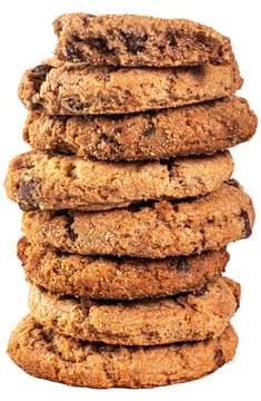 Stack of freshly baked chocolate chip cookies isolated on white background with goods junk food cut out pile of sweet snack coffee break tea time biscuits homemade