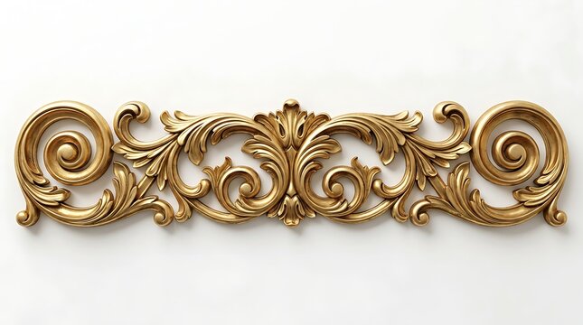 Decorative gold molding piece with detailed acanthus leaves and scrollwork patterns on a plain white background