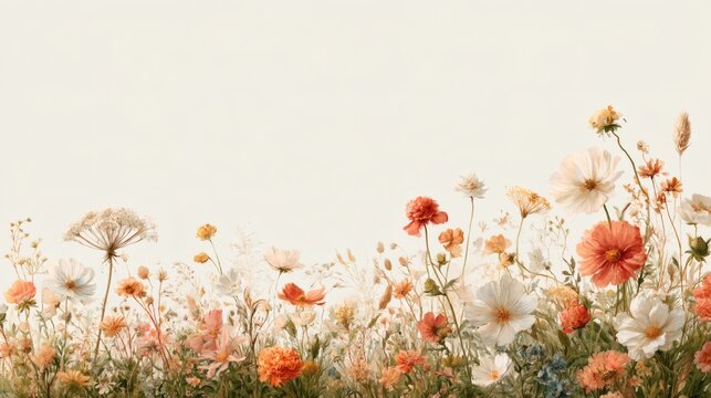 A delicate meadow of white, orange, and red wildflowers against a soft pale background, creating an airy, peaceful spring garden scene with natural beauty.