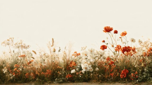 A delicate meadow of white, orange, and red wildflowers against a soft pale background, creating an airy, peaceful spring garden scene with natural beauty.