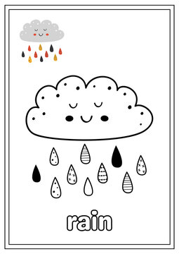 Cute cartoon cloud with falling rain drops coloring page