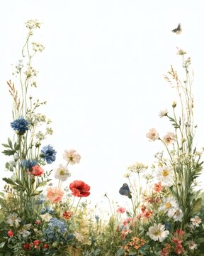 Botanical floral frame of wildflowers, daisies, blue cornflowers, pink blossoms and butterflies surrounding a soft cream blank center, ideal for invitations and gentle spring designs.