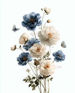 Delicate blue and cream wildflower bouquet with butterflies, painted in a soft vintage botanical style and isolated on a light background.
