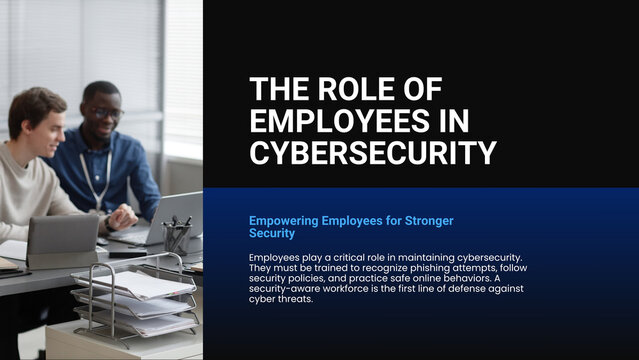 A presentation slide showing two male employees discussing cybersecurity awareness training in an office setting to represent the role of workers in preventing phishing and data breaches
.