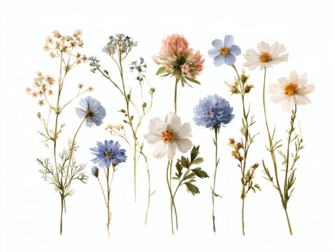 Delicate assortment of colorful wildflowers and garden blooms arranged in a row on a clean white background, creating a soft botanical spring design.