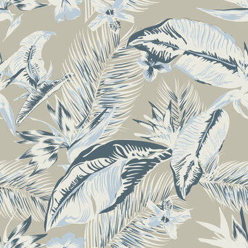 Vintage botanical tropical palm leaf seamless pattern foliage background