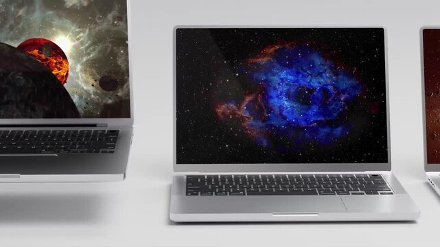 Laptop Displaying Colorful Cosmic Galaxy Digital Artwork