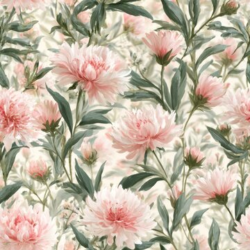 Seamless botanical pattern with soft pink flowers, green leaves, and delicate buds on a light cream background, ideal for fabric, wallpaper, stationery, and home decor.