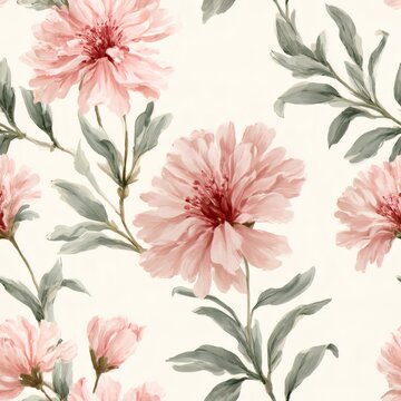Seamless botanical pattern with soft pink flowers, green leaves, and delicate buds on a light cream background, ideal for fabric, wallpaper, stationery, and home decor.