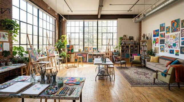 Bright Artistic Studio With Natural Light And Creative Workspace.