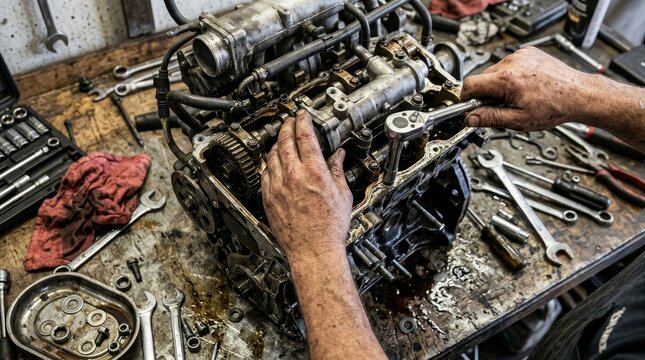 Mechanic Working on Engine in Workshop Environment.