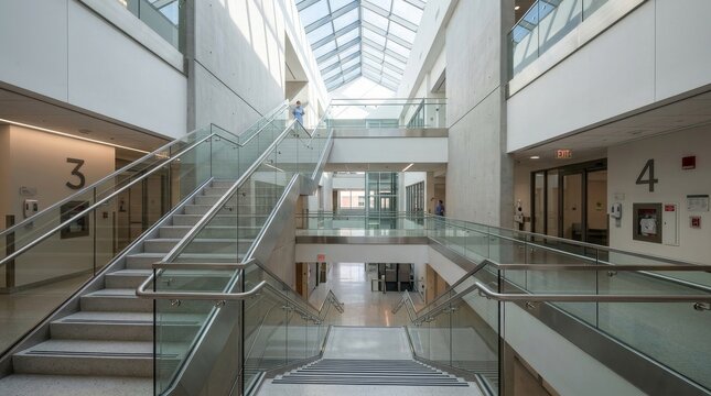 Modern Office Building Interior Staircase and Atrium Space.