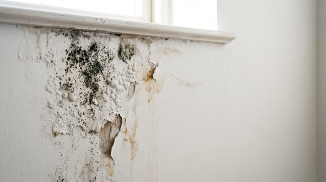 Close up of peeling paint and black mold stains on a white wall below a bright window sill due to water damage