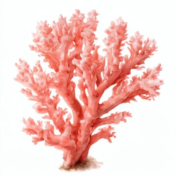Red branching coral painted in soft watercolor on a clean white background, creating a natural marine illustration with delicate organic texture.