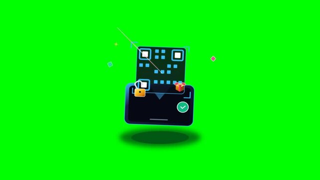 Animated smartphone scanning qr code with lock and reward on green screen
