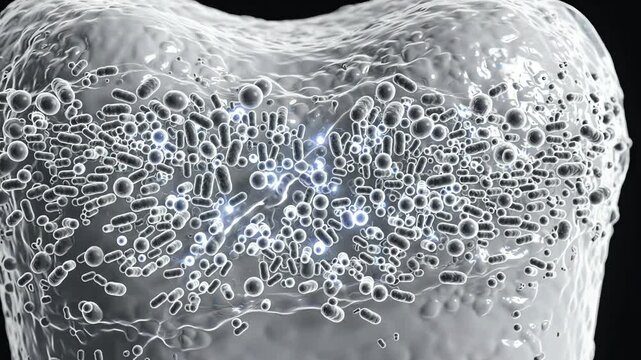 Dental plaque covering a realistic enamel surface, revealing numerous Streptococcus mutans bacteria clustered throughout the sticky biofilm
