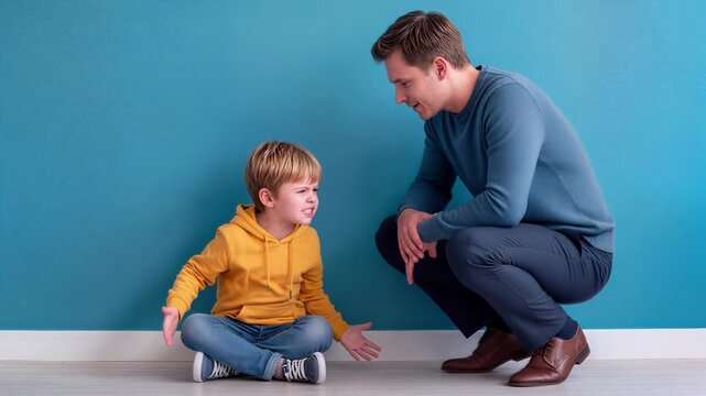 Upset young son shouting at father during argument. Family conflict and parenting challenges in studio setting. Static wide shot.