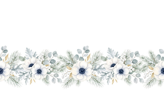Watercolor winter floral border with white anemone and eucalyptus on white