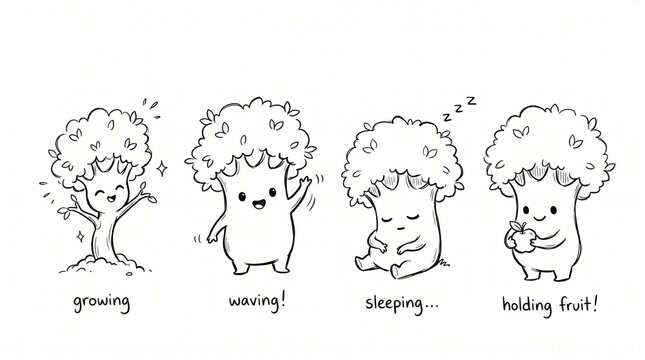 Cute hand drawn doodle set of a happy little tree character in different funny poses.