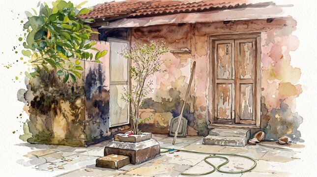 Peaceful village house courtyard with a traditional Tulsi Vrindavan watercolor painting