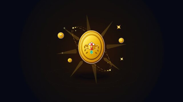 Golden coin with gift box icon spinning with glowing particles animation