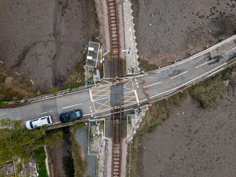 Aerial view of Terras Bridge level crossing in Looe Cornwall