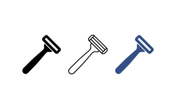 Minimalist shaving razor icons, set of three grooming tool symbols in black and blue, personal hygiene equipment for barber shop and bathroom