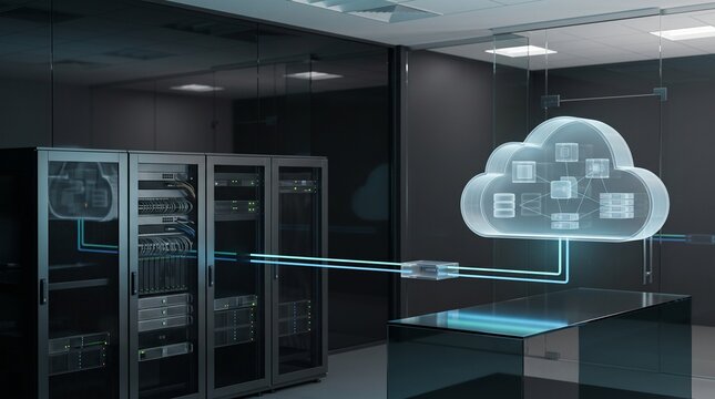 Server room with cloud computing overlay illustrating data connection