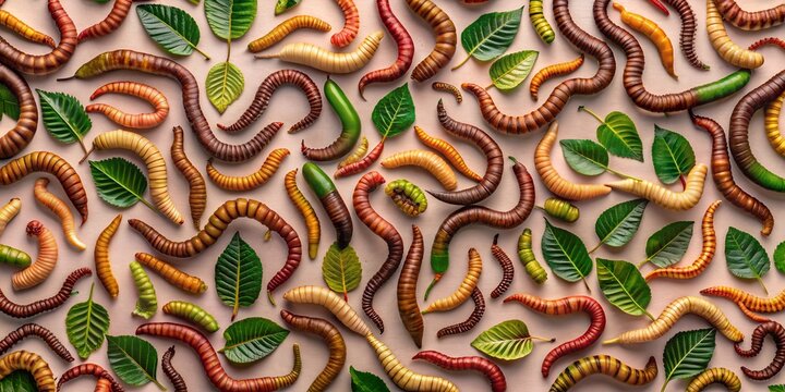 seamless pattern of worms & leaves