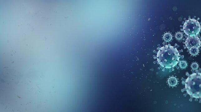 Microscopic virus particles floating on a blue scientific background