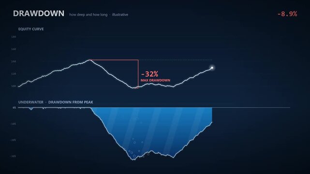 Equity curve with underwater drawdown chart filling like water, maximum drawdown marker and recovery period bracket