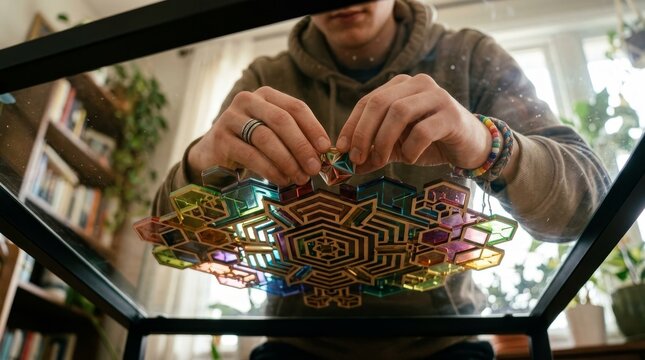 Person crafting intricate stained glass art design.