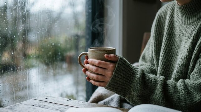 Person enjoying warm drink by rainy window view.