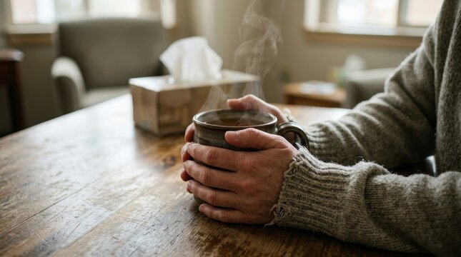 Person enjoying warm drink indoors during cozy moment.