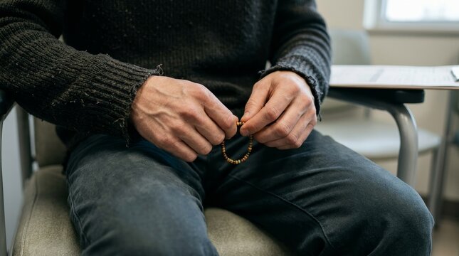 Person Adjusting Watch On Chair In Indoor Setting.