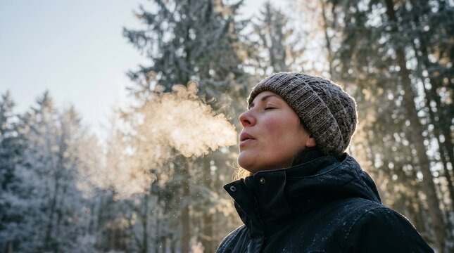 Woman Breathing Fresh Winter Forest Air.