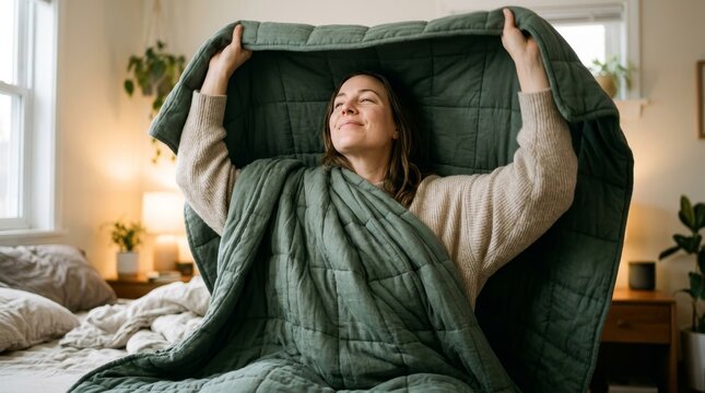 Woman enjoying cozy bedtime relaxation indoors.