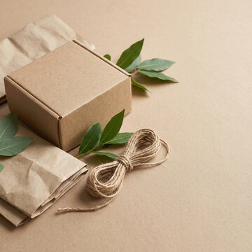Eco-friendly kraft paper box mockup with natural jute twine and green leaves on beige background