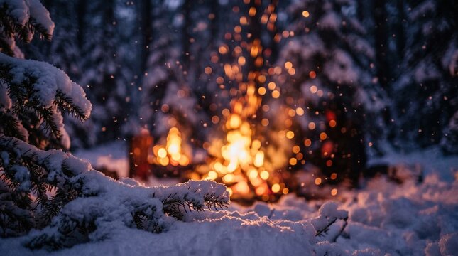 Cozy Campfire Glowing in Snowy Winter Forest at Night with Bokeh Lights and Snowfall