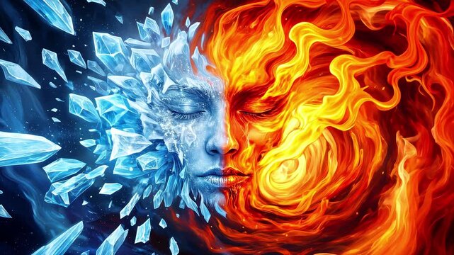 Surreal face split between ice and fire elements. Conceptual representation of dual nature and opposing forces. Panning camera movement.