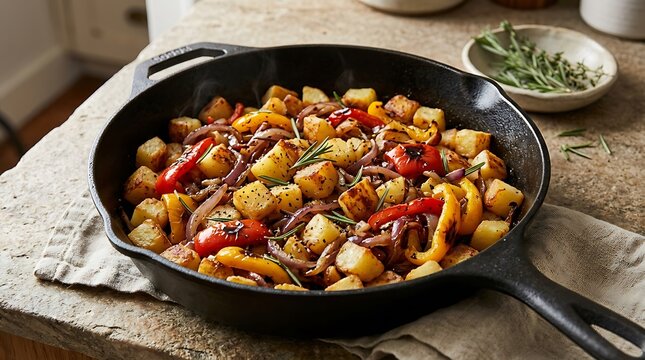 Roasted chicken and colorful vegetables cooking in a black cast iron skillet on a rustic wooden table. weekend brunch recipes