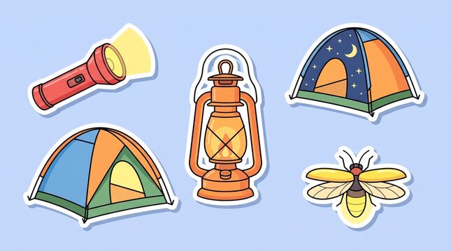 Cute cartoon camping essentials collection: tents, flashlight, lantern, and firefly stickers.